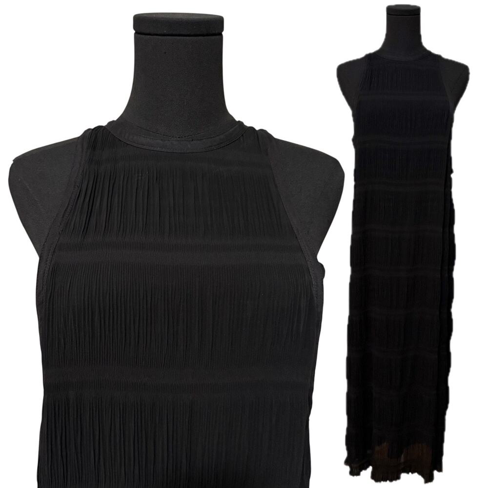 Superfine Chill Sleeveless Dress Silk Blend Plisse Pleats Airy Light Black Small